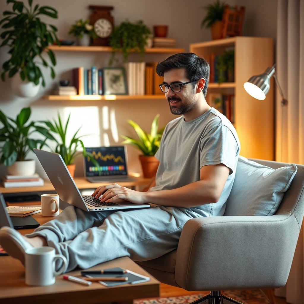A cozy home office scene featuring an adult working on a laptop
