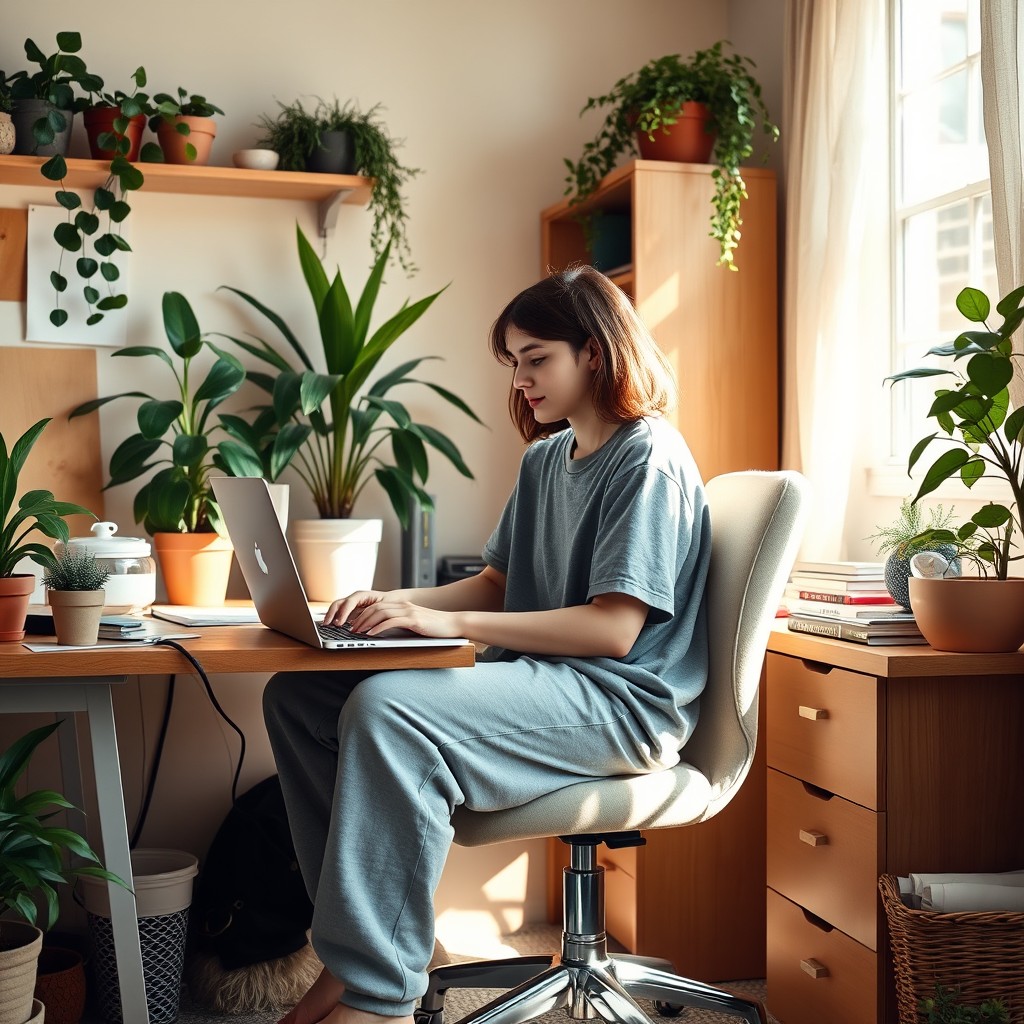 A cozy home office scene depicting a young adult working online from home