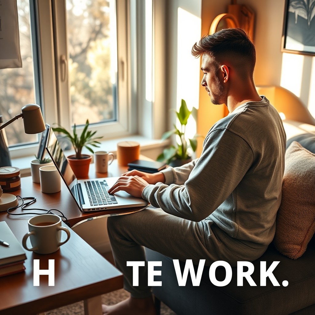 A cozy home workspace featuring a person working on a laptop
