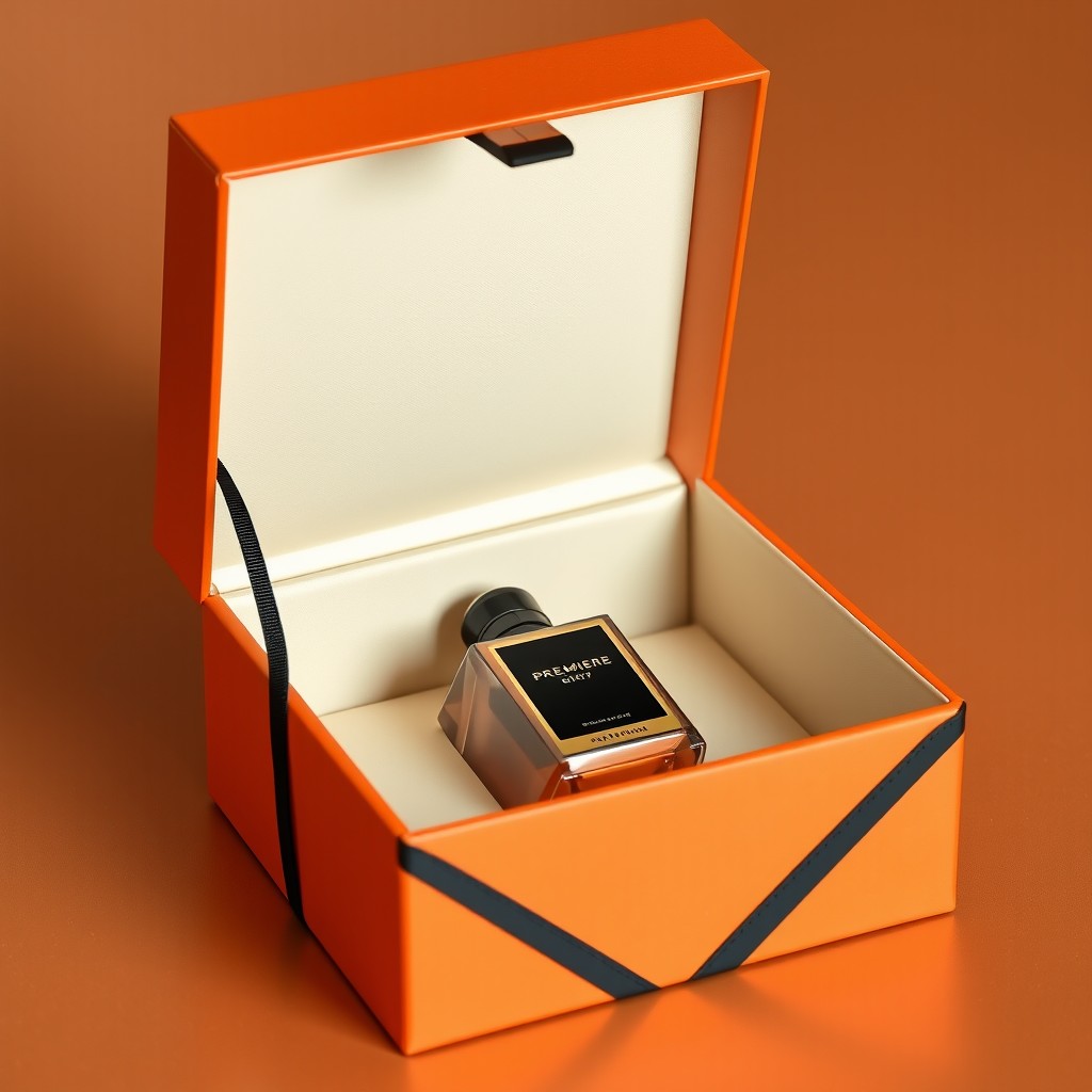 A luxurious square cardboard gift box that opens from the top, elegantly designed for a perfume named 'PREMIERE'