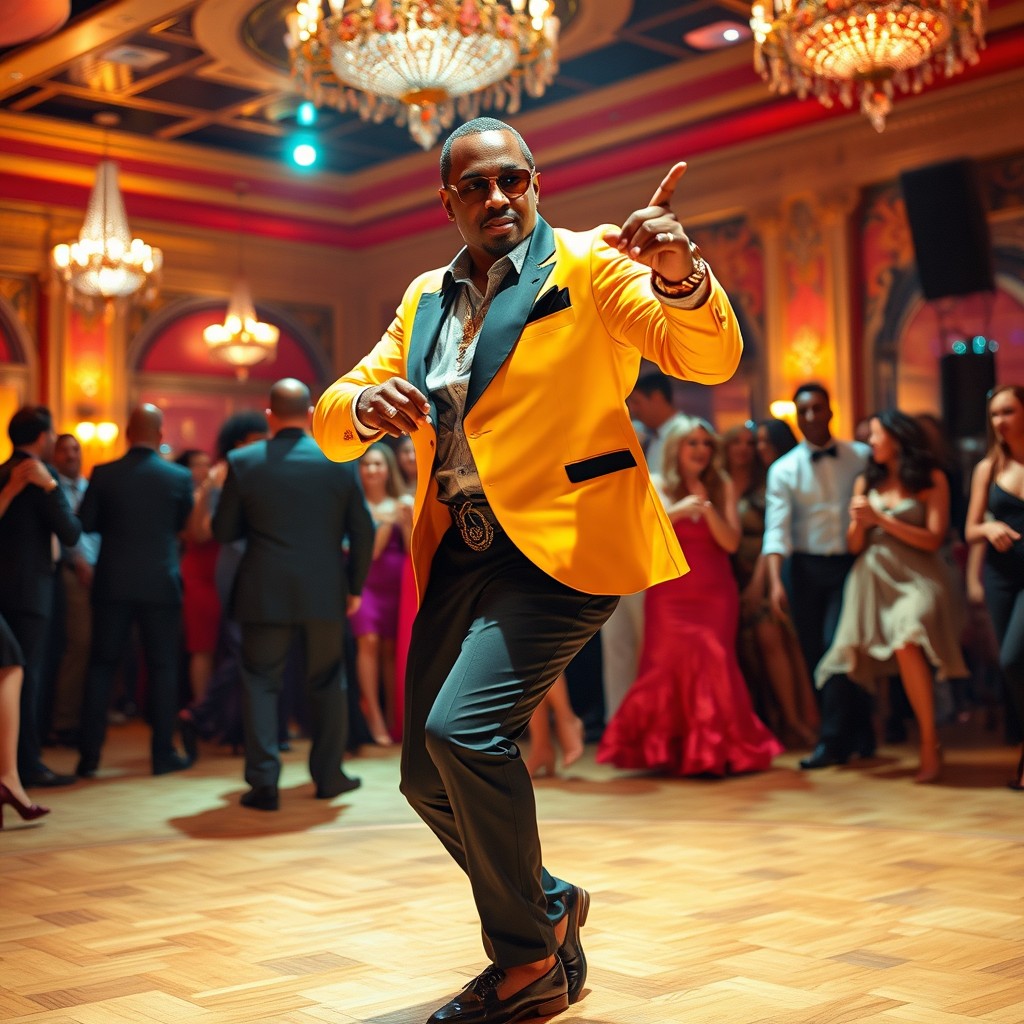 P Diddy, dressed in a stylish salsa outfit, passionately dancing salsa in a vibrant, colorful ballroom