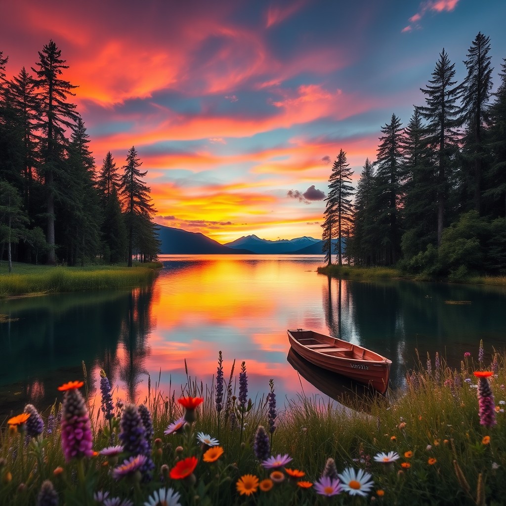 A serene landscape of a tranquil lake at sunset, reflecting vibrant hues of orange, pink, and purple in the sky