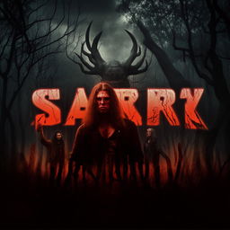 Four long-haired men standing tall with stern faces against the backdrop of a spooky forest, with the word 'SAKOR' in blood-motif letters and the visage of a predator.