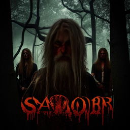 Four long-haired men standing tall with stern faces against the backdrop of a spooky forest, with the word 'SAKOR' in blood-motif letters and the visage of a predator.