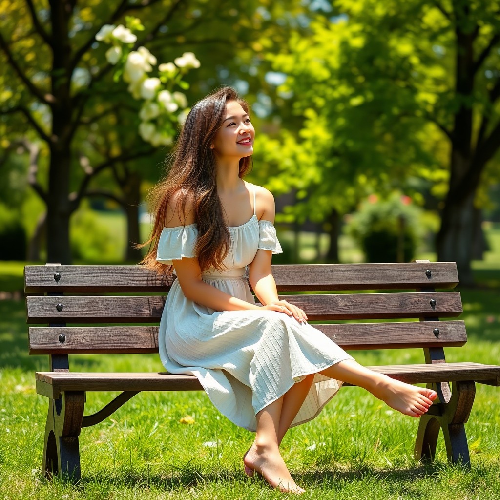A young woman sitting gracefully on a wooden park bench, barefoot, enjoying a sunny day