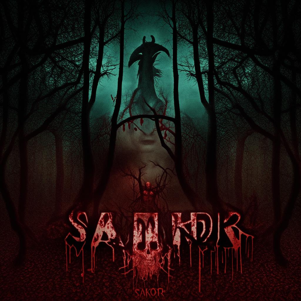 Four long-haired men standing tall with stern faces against the backdrop of a spooky forest, with the word 'SAKOR' in blood-motif letters and the visage of a predator.