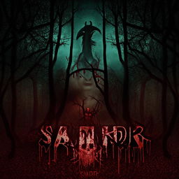 Four long-haired men standing tall with stern faces against the backdrop of a spooky forest, with the word 'SAKOR' in blood-motif letters and the visage of a predator.