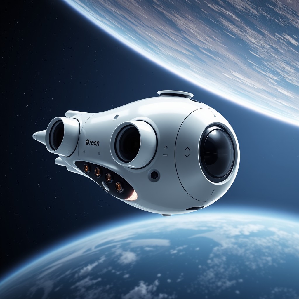 A futuristic spaceship designed in the shape of a sleek, glossy white ball, showcasing advanced technology