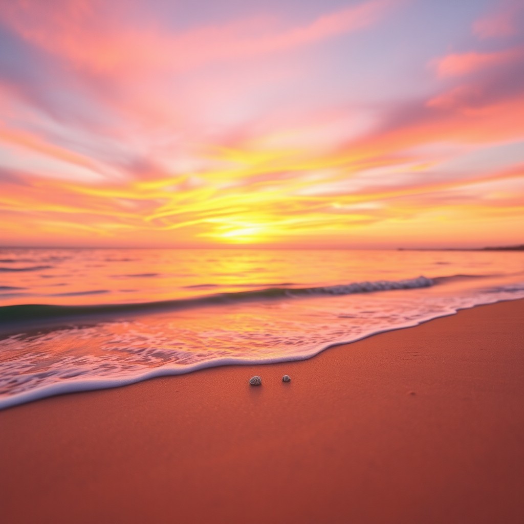An enhanced version of a slightly blurred photograph, focused on a vibrant sunset over a serene beach