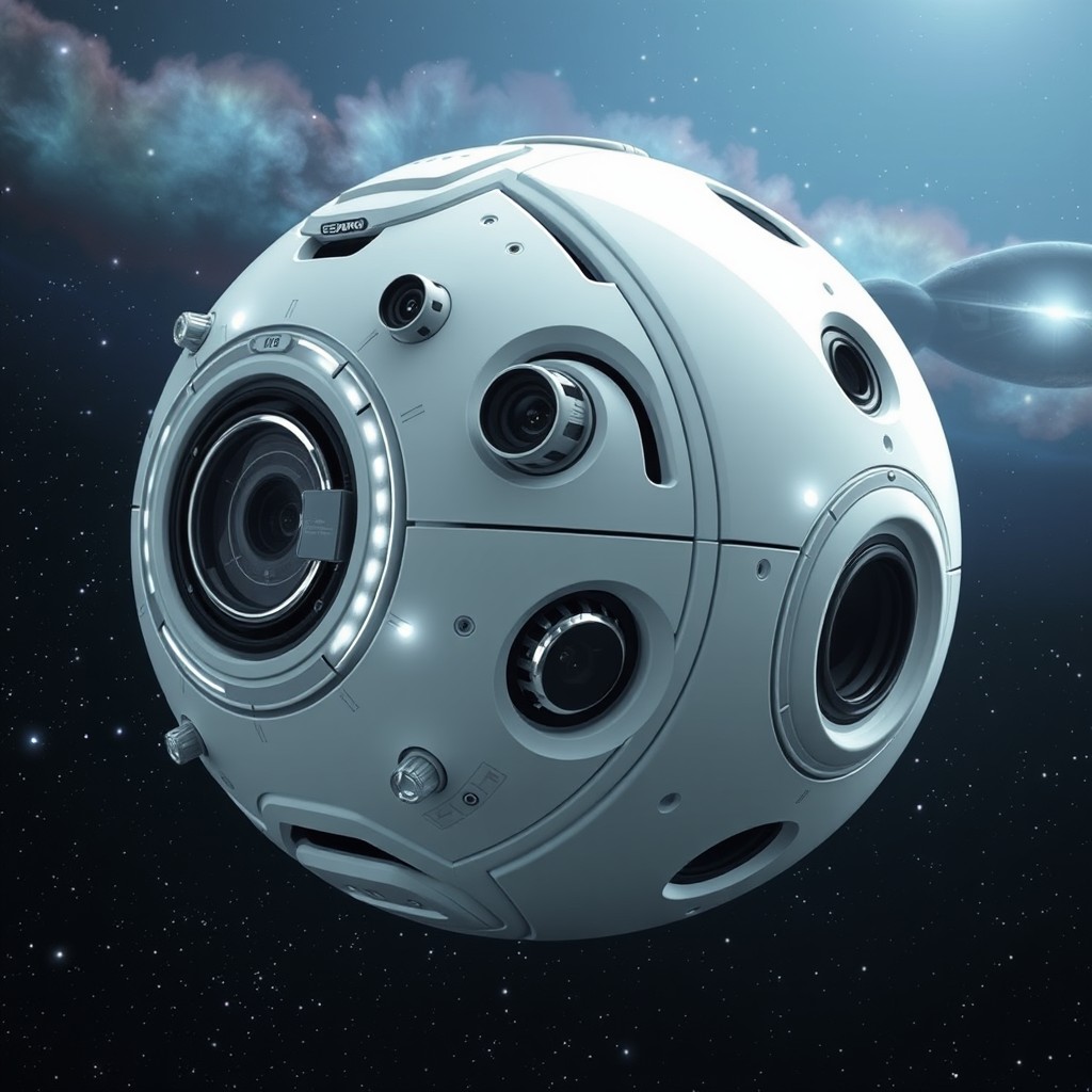 A futuristic spaceship designed as a white spherical robot ball, featuring sleek surfaces and high-tech design elements
