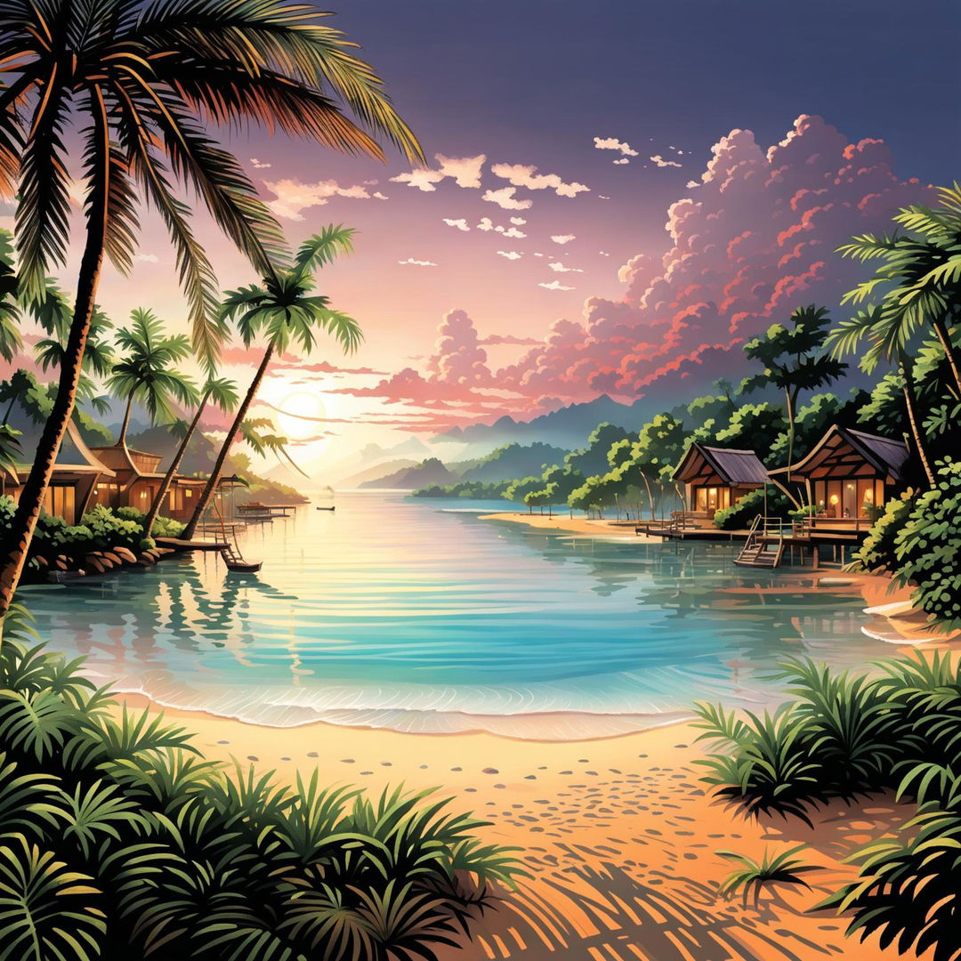 A high-quality digital art image showcasing a breathtaking view of a serene tropical island, with a pristine beach, clear turquoise ocean, picturesque bungalows, and a beautiful sunset