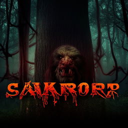 Four long-haired men standing tall with stern faces against the backdrop of a spooky forest, with the word 'SAKOR' in blood-motif letters and the visage of a predator.