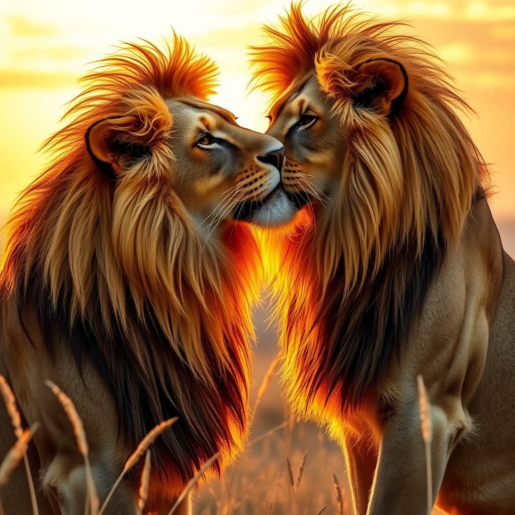 Two beautiful lionesses in love sharing a tender kiss, showcasing their majestic manes with a variety of rich, golden, and tawny shades that blend harmoniously
