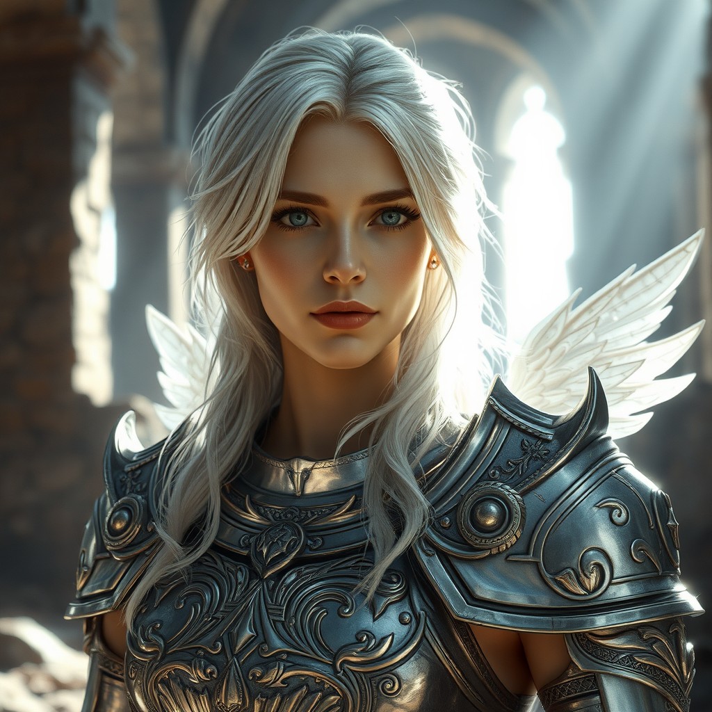 Head and shoulders close-up of a female holy paladin warrior, her silver hair glowing softly in the light filtering through the ruins