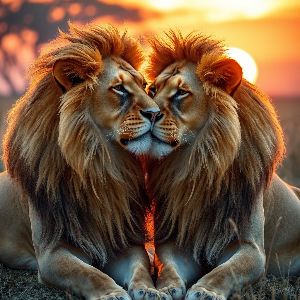 Two beautiful lionesses in love sharing a tender kiss, showcasing their majestic manes with a variety of rich, golden, and tawny shades that blend harmoniously