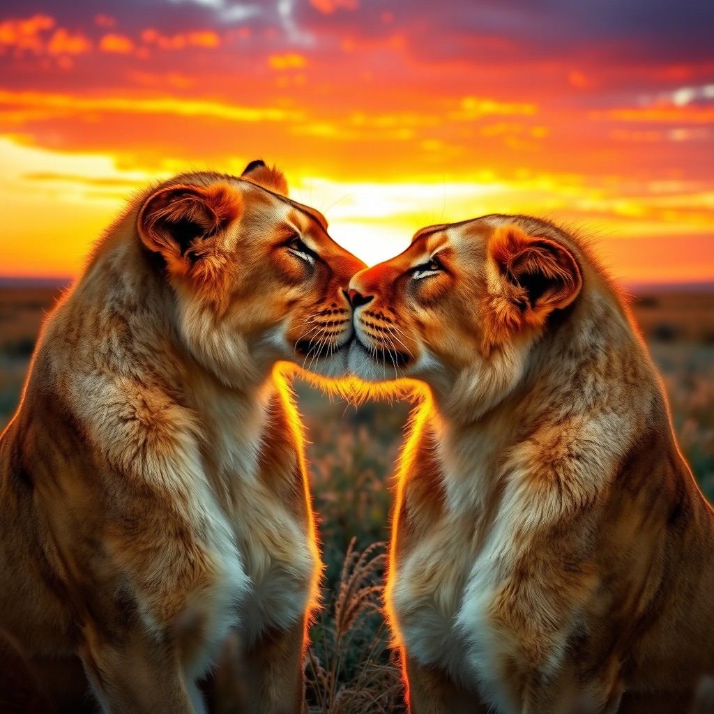 Two female lionesses in love sharing a tender kiss, showcasing their beautiful and soft fur with a range of shades from deep golden to light tawny, blending seamlessly together