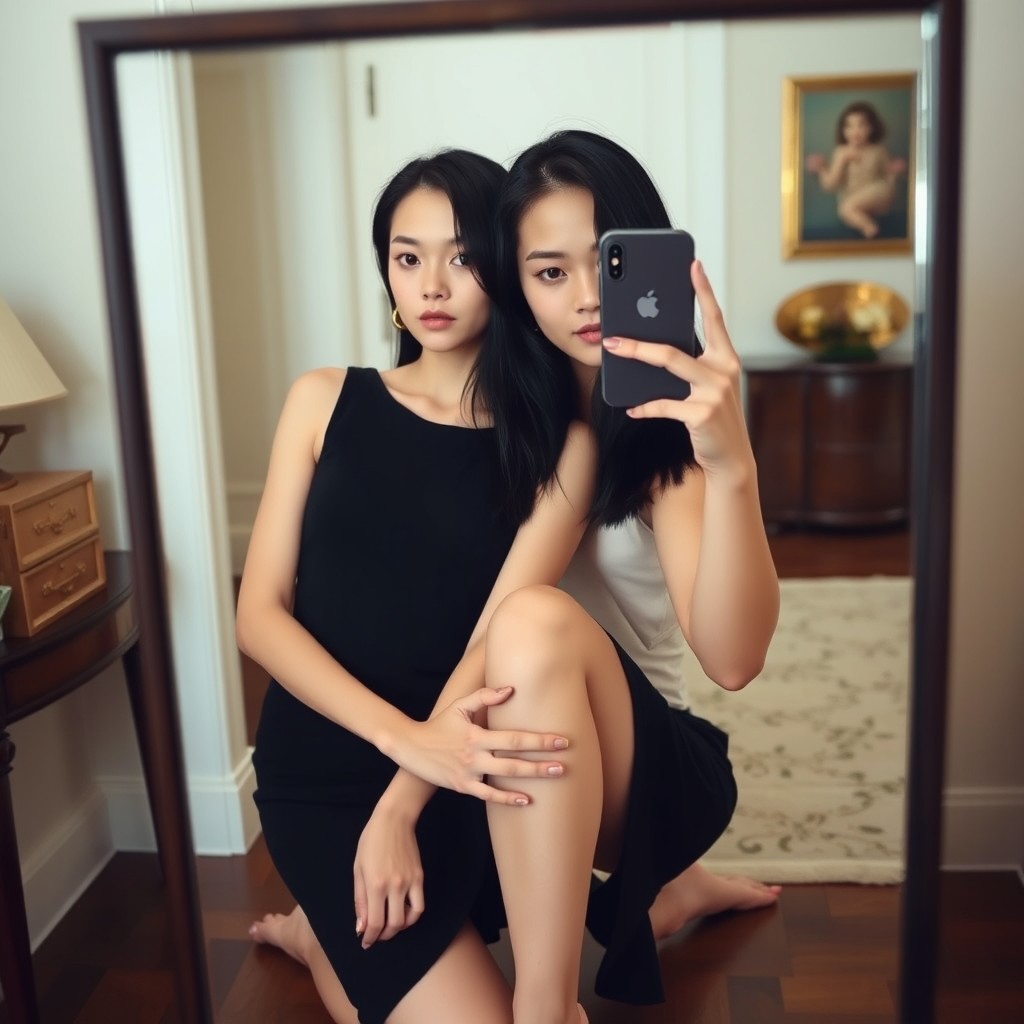 A young woman with thin white skin and black hair is taking a mirror selfie while kneeling