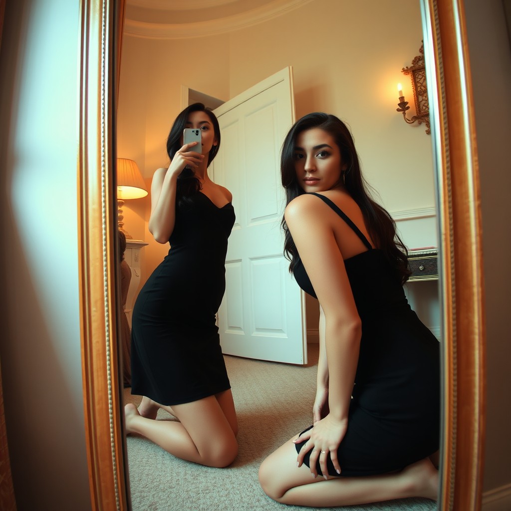 A mirror selfie taken from a low angle featuring a 19-year-old European woman with white skin and dark hair