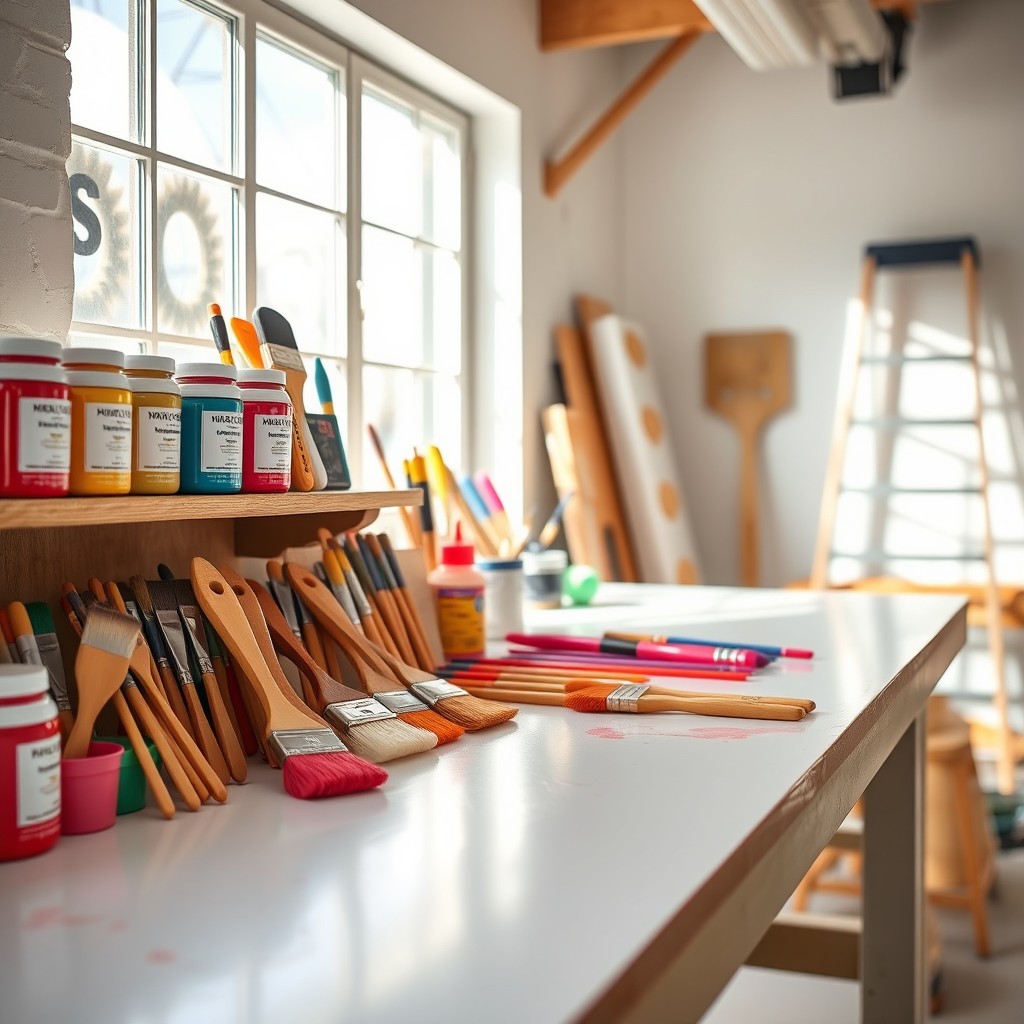 A beautifully organized workshop with freshly painted, neatly arranged tools and equipment