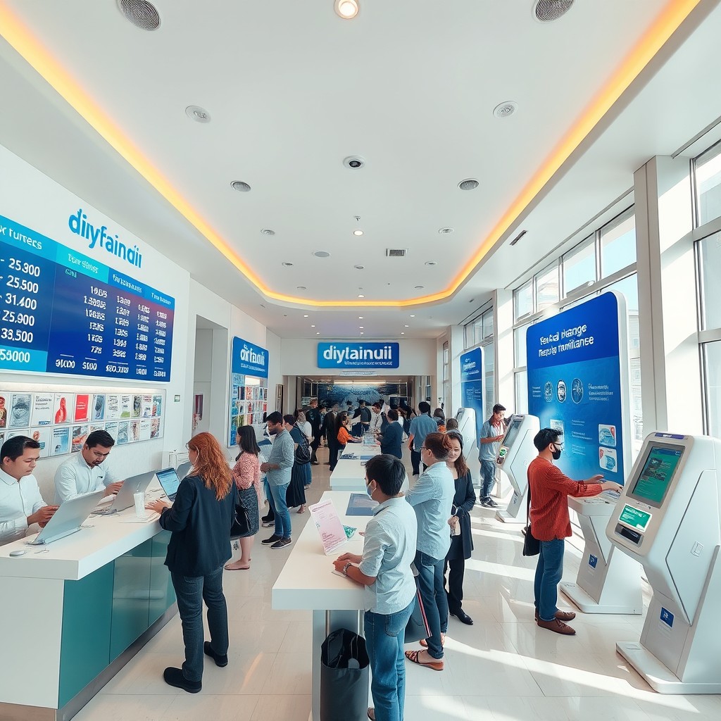 A futuristic currency exchange office labeled 'صرافی مهاجر' (Migrant Exchange), showcasing a vibrant, modern atmosphere