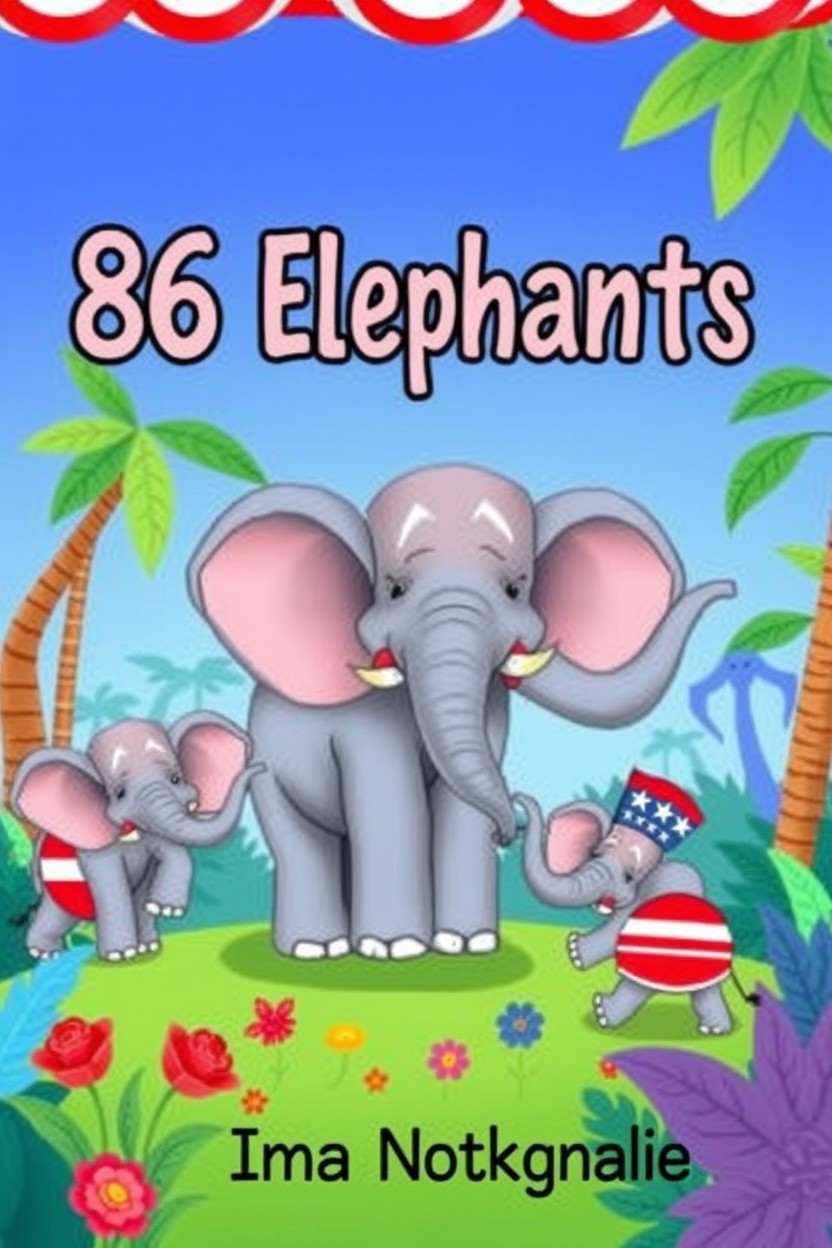A children's book cover titled '86 Elephants' featuring an imaginative and colorful illustration of elephants styled after the elephant symbol of the Republican Party