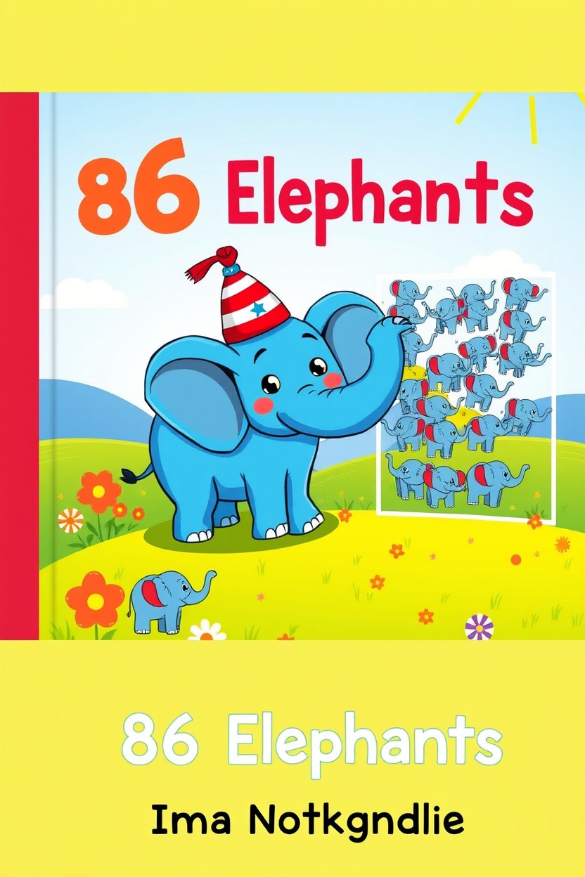 A whimsical and colorful children's book cover titled '86 Elephants', featuring a playful cartoon depiction of a cheerful blue elephant that resembles the elephant symbol of the Republican Party, wearing a cute party hat