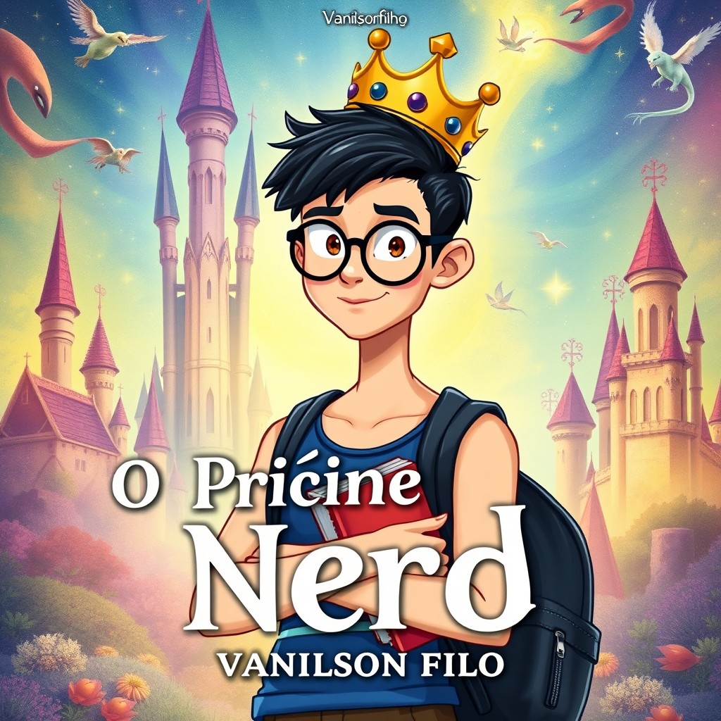 An illustration for a book cover featuring a handsome, slim young prince who is a nerd