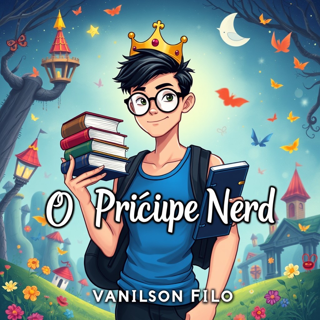 An artistic illustration for a book cover depicting a dashing, slim young prince who embodies the nerdy archetype