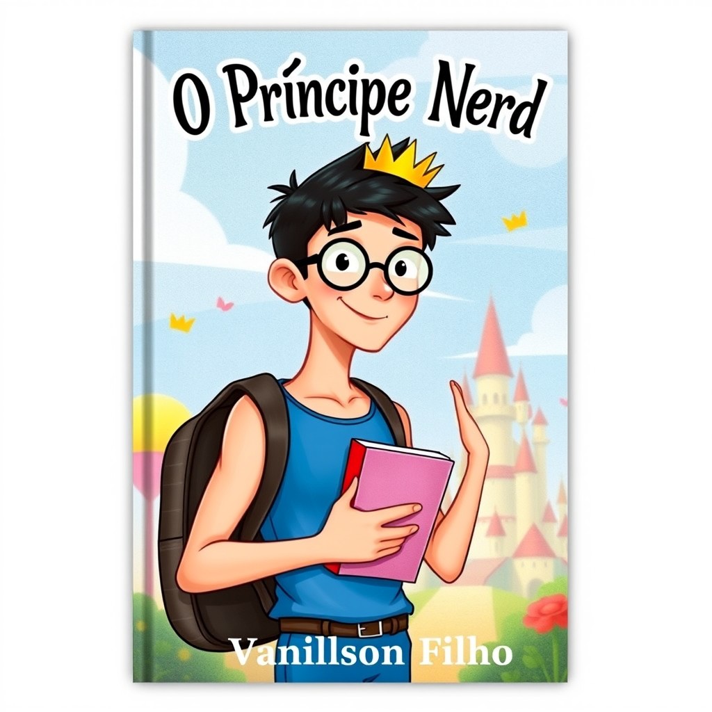 An illustrated book cover featuring a handsome, slim young prince with short black hair, wearing a blue tank top and round black glasses