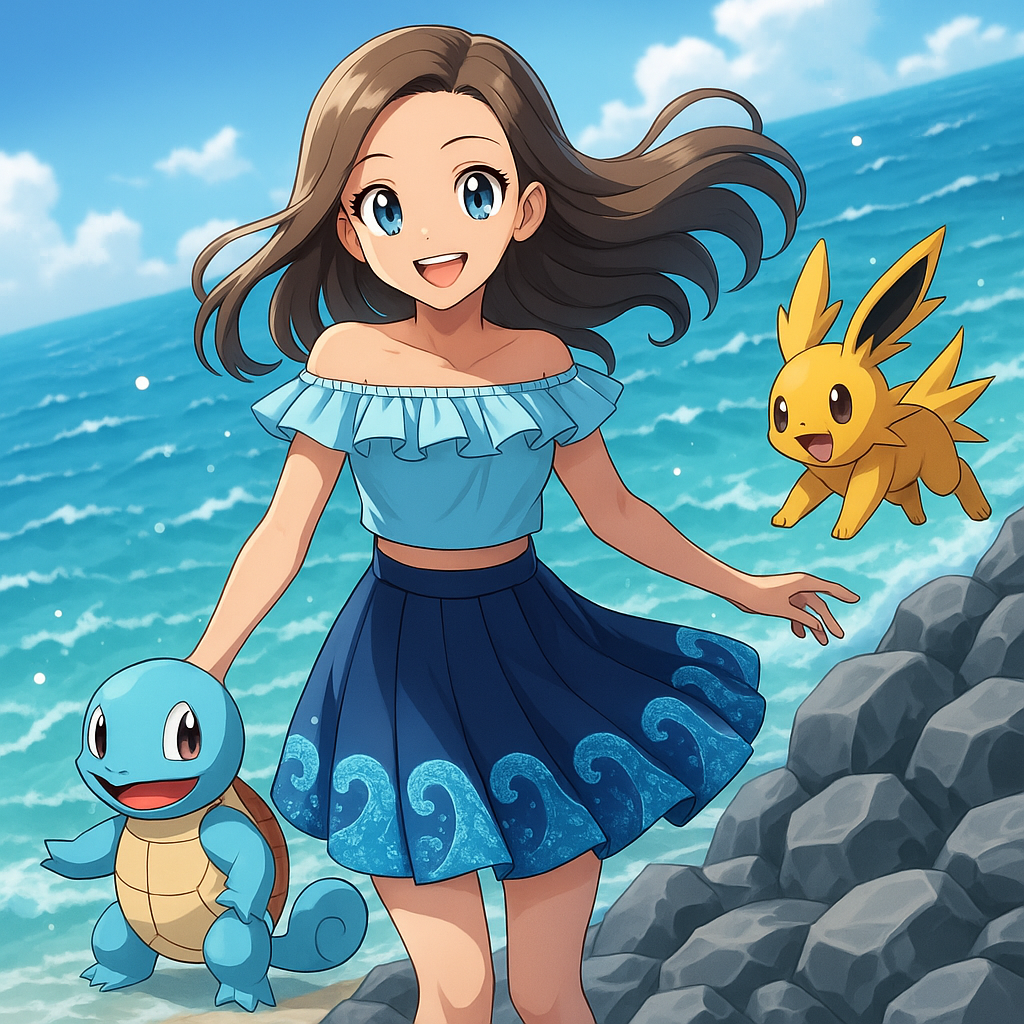 Squirtle standing to the left of her