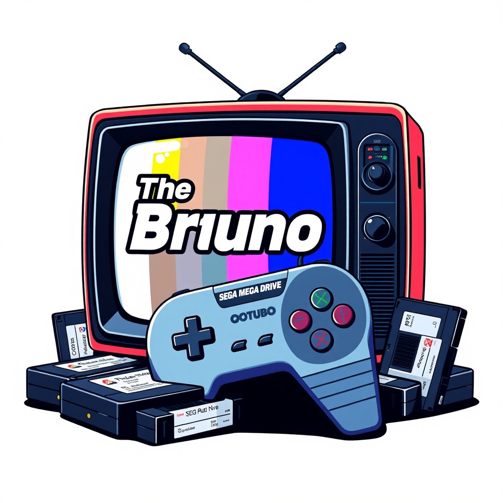 Create a logo for the YouTube channel "TheBrunoBits" that prominently features the channel name in a bold, dynamic font
