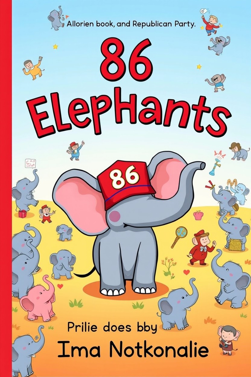 A whimsical children's book cover titled '86 Elephants', featuring a cartoon-style elephant symbol of the Republican Party