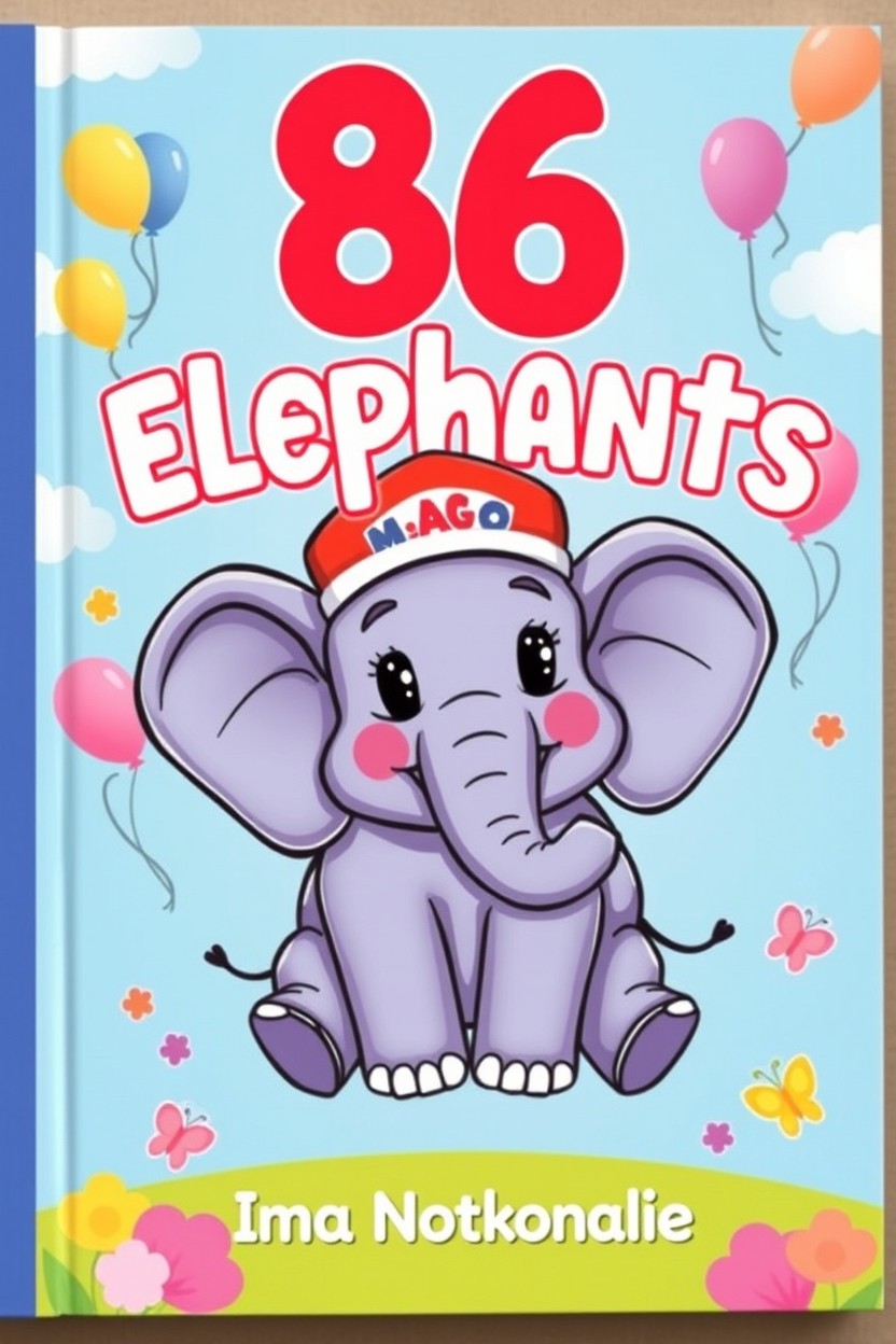 A whimsical children's book cover featuring a cartoon-style elephant symbol of the Republican Party, cheerful and playful, wearing a bright red hat that says 'MAGA'
