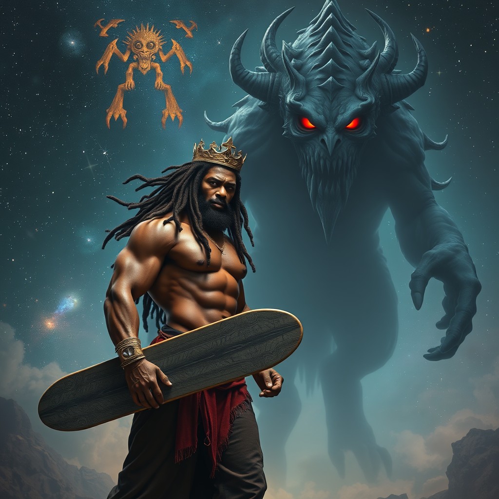 A muscular Black king with dreadlocks, standing proudly without a shirt, wielding a magical longboard as a weapon