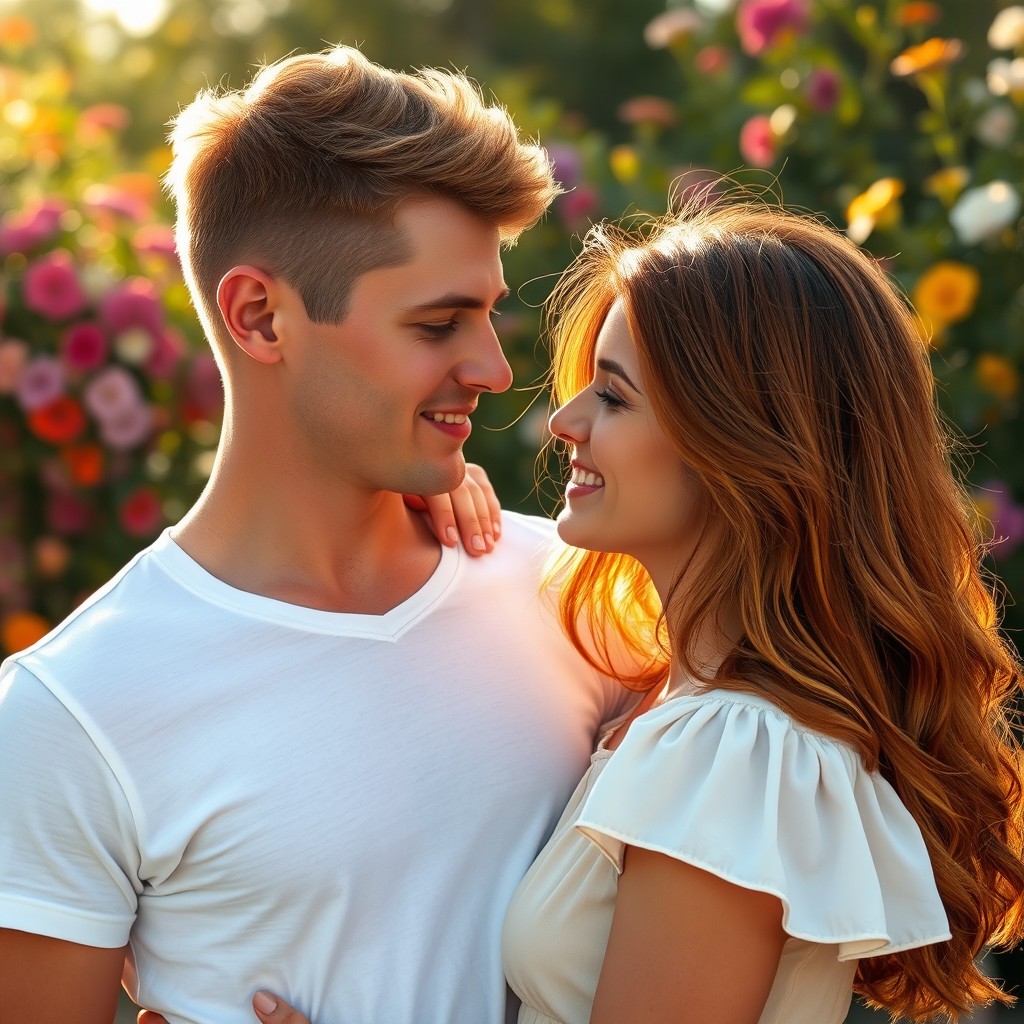 A couple in a romantic setting, featuring a dark blonde man and a woman with dark orange hair