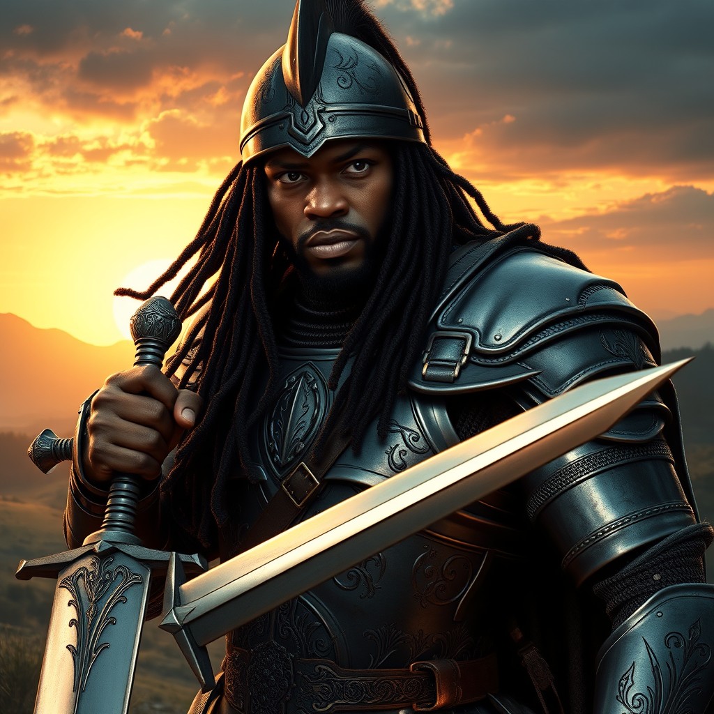 A powerful black knight standing confidently in a heroic pose