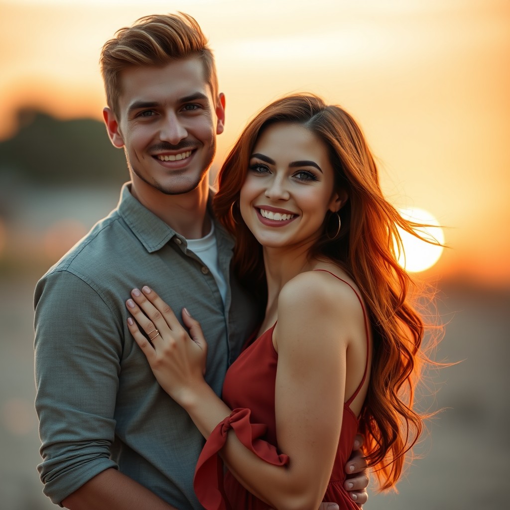 A romantic couple portrait featuring a dark blonde man and a woman with dark orange hair