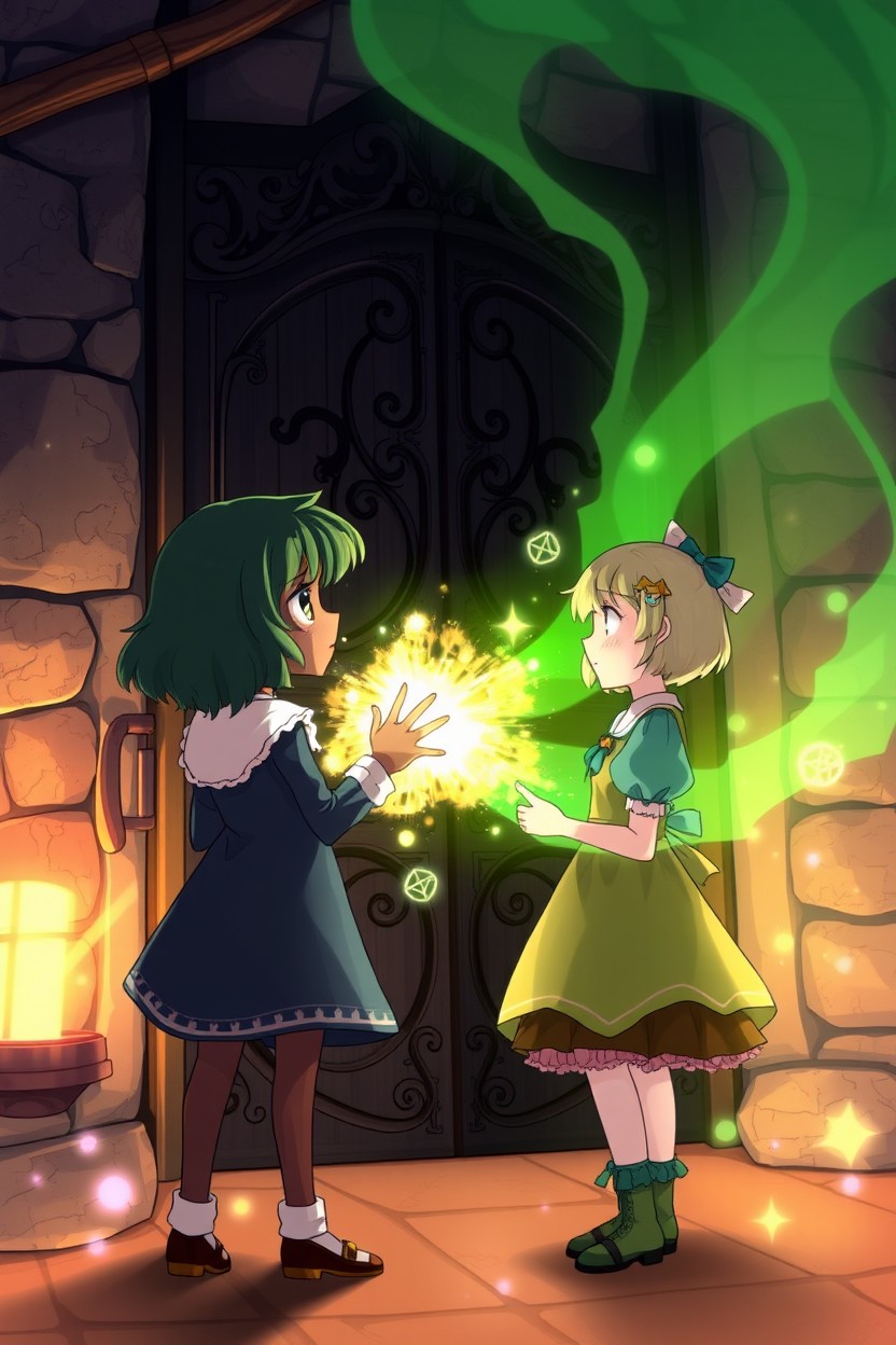 A scene featuring two girls standing in front of a door