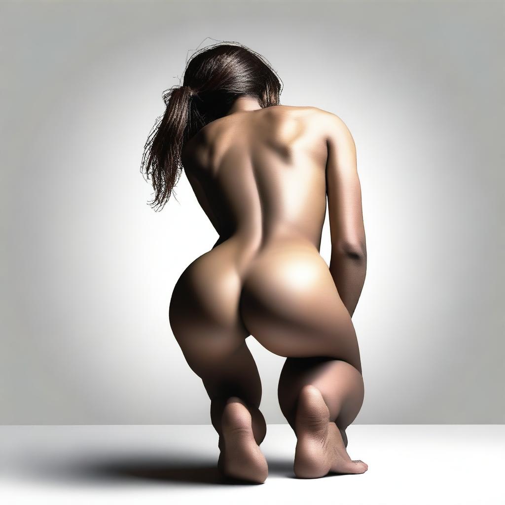 A high-quality digital art piece showcasing an attractive woman bending over at a 90-degree angle, her back facing the viewer