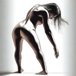 A high-quality digital art piece showcasing an attractive woman bending over at a 90-degree angle, her back facing the viewer