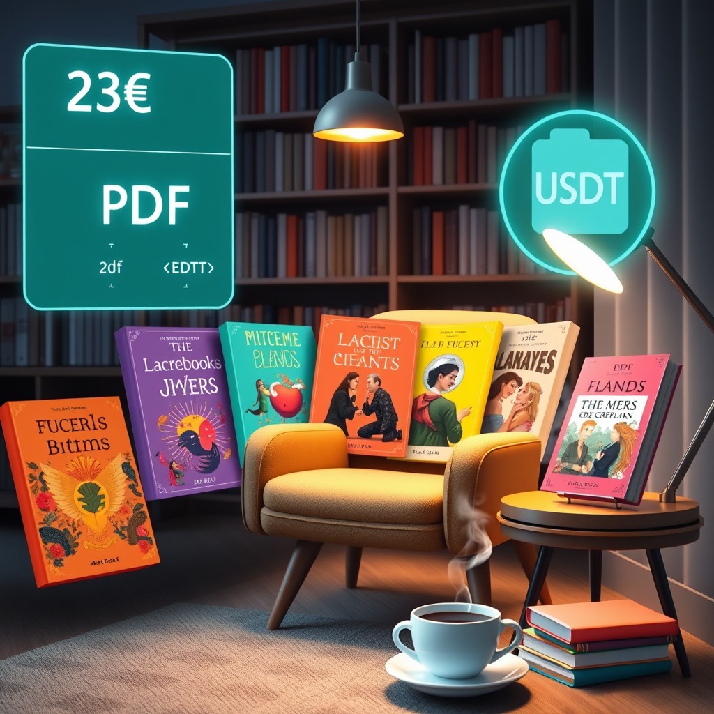 A creative depiction of a digital library showcasing various colorful eBooks in PDF format