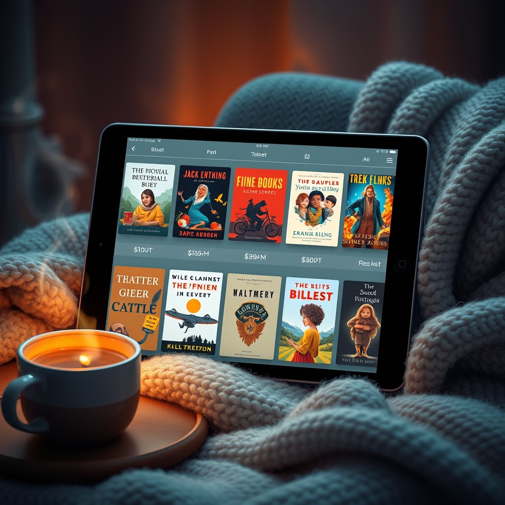 A visually striking digital artwork featuring an array of attractive e-books presented on a sleek digital tablet, showcasing vibrant book covers and titles