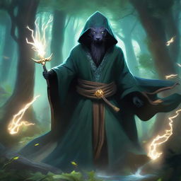 A mysterious figure, face obscured by a black mask, dons a robe adorned with a lion's hood, wields a trident crackling with lightning, locked in combat against a water dragon amidst the verdant splendor of a sacred forest valley.