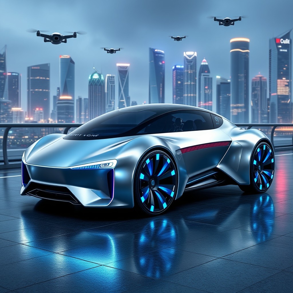 A futuristic car designed for two people, featuring a sleek and aerodynamic design with smooth curves and neon accents