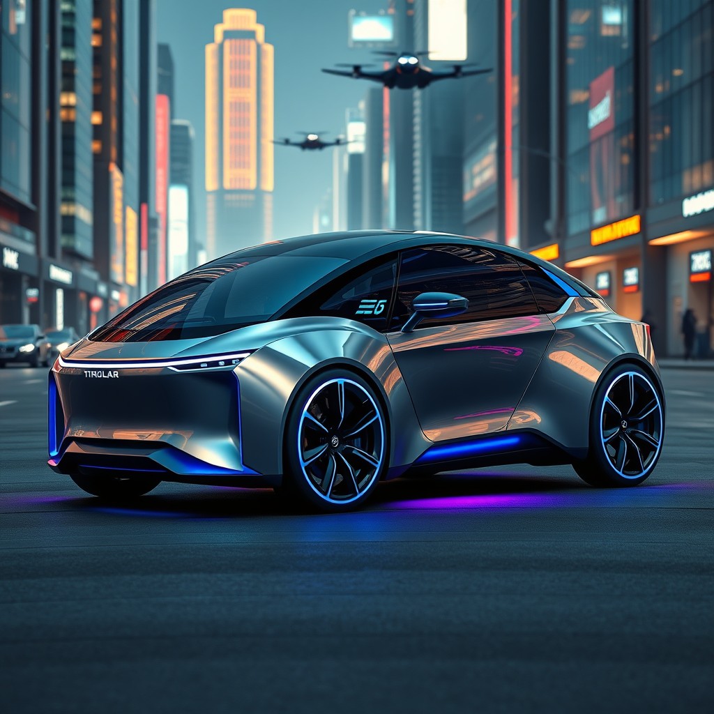 A futuristic car designed specifically for two passengers, showcasing an ultra-modern and aerodynamic design with sleek lines and vibrant neon accents