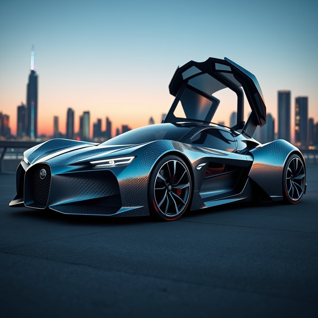 A futuristic super sports car designed exclusively for two passengers, completely distinct from classic brands like Bugatti, Lamborghini, or Ferrari