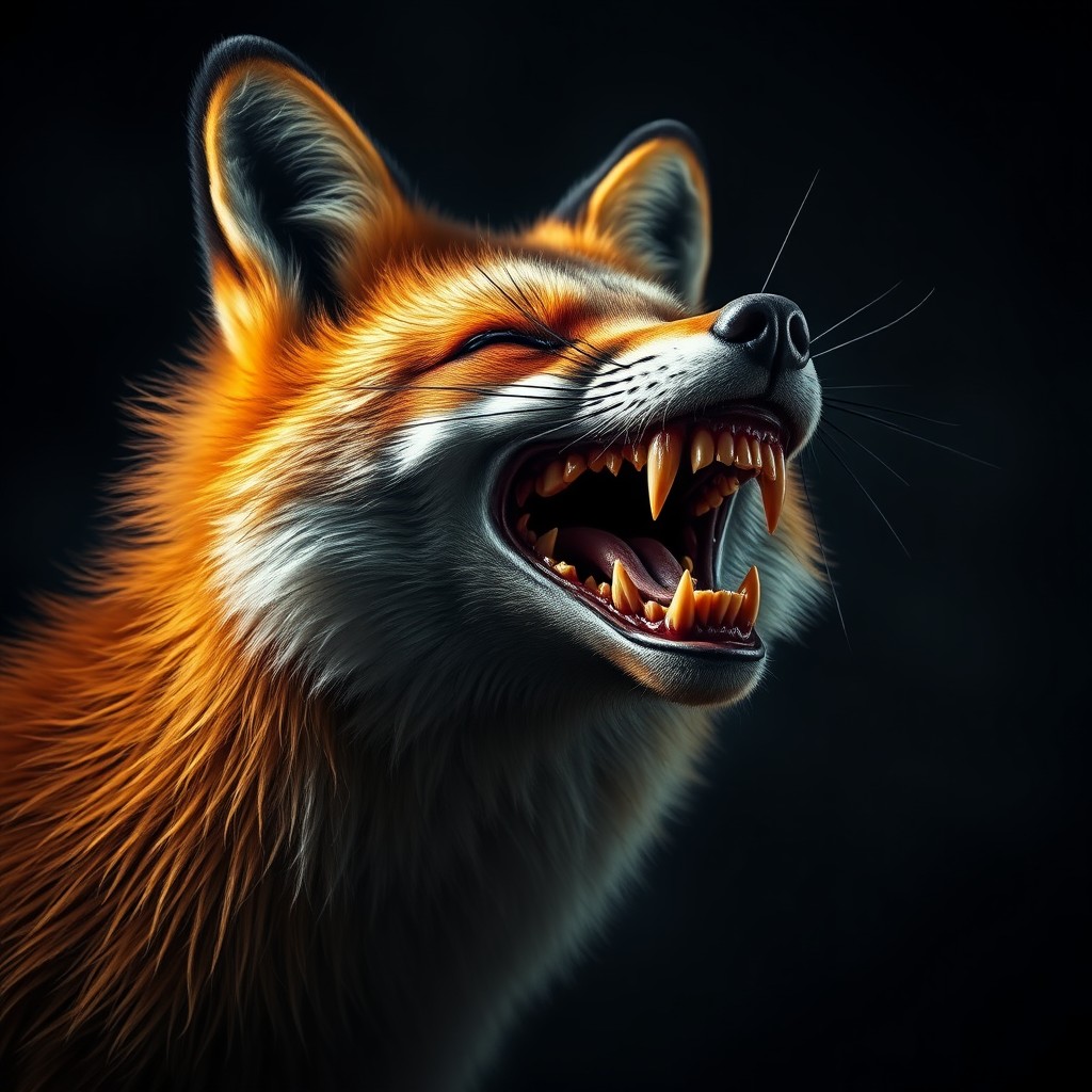 A fox with a twisted neck and its head tilted horizontally, gazing back with an open maw exhibiting a large and chilling grin filled with sharp teeth