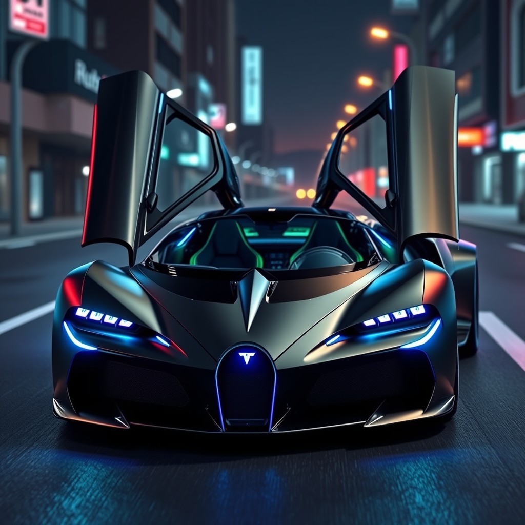A futuristic super sports car designed for two passengers, distinctly different from brands like Bugatti, Lamborghini, or Ferrari