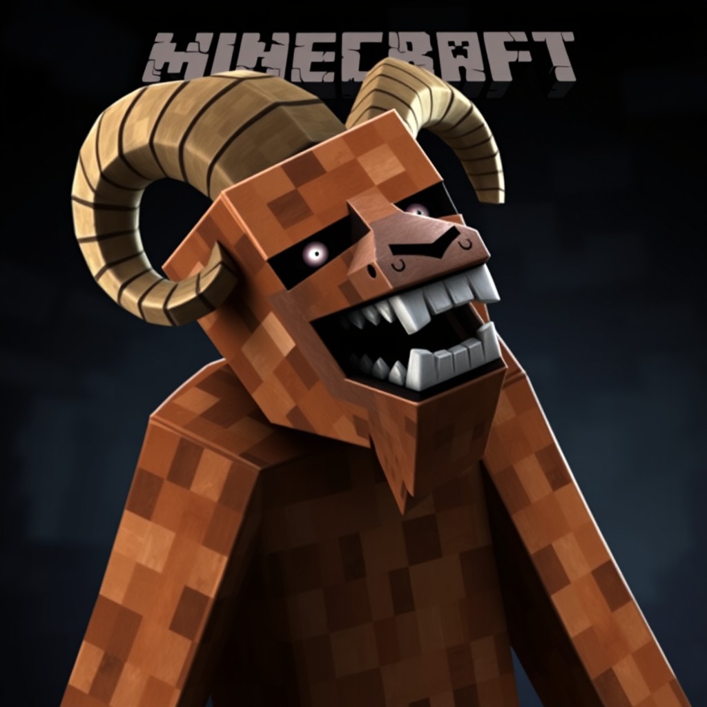 The Minecraft goatman with a twisted neck and head tilted backward, gazing over its shoulder with an open mouth forming a wide grin filled with large teeth
