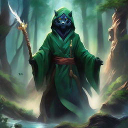 A mysterious figure, face obscured by a black mask, dons a robe adorned with a lion's hood, wields a trident crackling with lightning, locked in combat against a water dragon amidst the verdant splendor of a sacred forest valley.